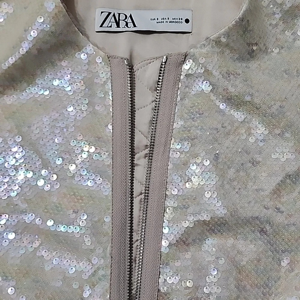 Zara Sequin Zip-Up Jacket in Cream